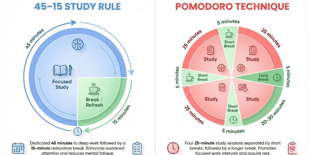 45-15 Study Rule and Pomodoro Technique Diagram